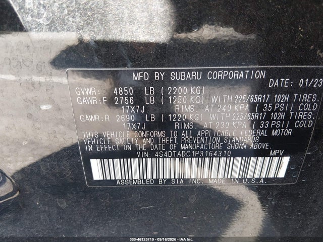Aukcja sprzedaży 2023 Subaru Outback Premium, vin: 4S4BTADC1P3164310, numer aukcji: 46125719