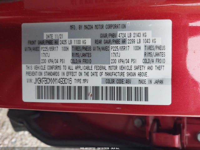 Auction sale of the 2021 Mazda Cx-5 Touring, vin: JM3KFBCMXM1493016, lot number: 46125722