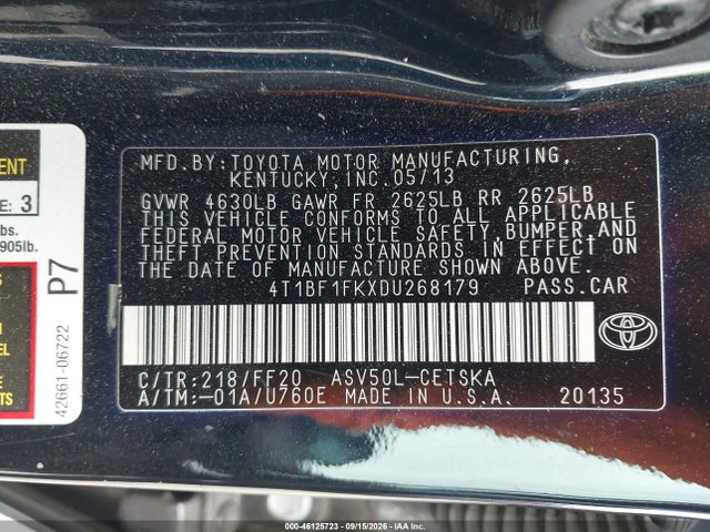 46125723 :رقم المزاد ، 4T1BF1FKXDU268179 vin ، 2013 Toyota Camry Se مزاد بيع