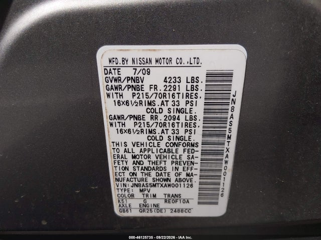 Aukcja sprzedaży 2010 Nissan Rogue S, vin: JN8AS5MTXAW001126, numer aukcji: 46125735