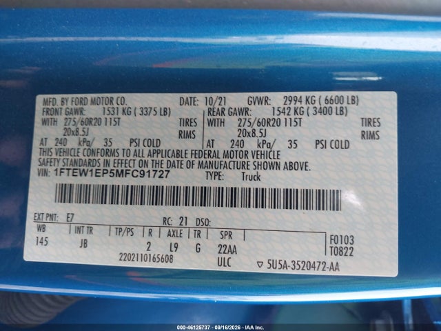 2021 Ford F-150 Xl მანქანა იყიდება აუქციონზე, vin: 1FTEW1EP5MFC91727, აუქციონის ნომერი: 46125737