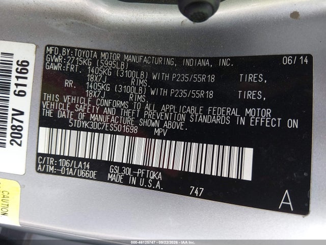 Продажа на аукционе авто 2014 Toyota Sienna Limited V6 7 Passenger, vin: 5TDYK3DC7ES501698, номер лота: 46125747