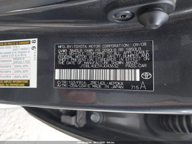 46125748 :رقم المزاد ، JTDBL40E59J043632 vin ، 2009 Toyota Corolla Le مزاد بيع
