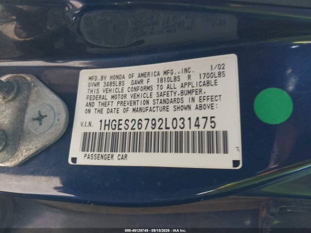 46125749 :رقم المزاد ، 1HGES26792L031475 vin ، 2002 Honda Civic Ex مزاد بيع
