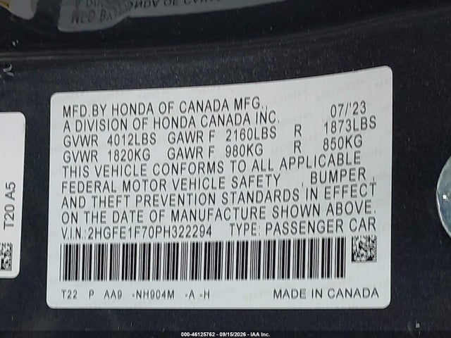 2HGFE1F70PH322294 Honda Civic Ex/ex W/o Bsi