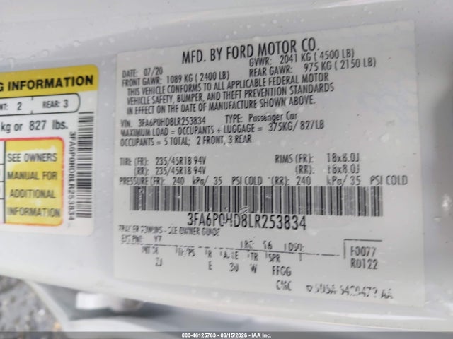 Aukcja sprzedaży 2020 Ford Fusion Se, vin: 3FA6P0HD8LR253834, numer aukcji: 46125763