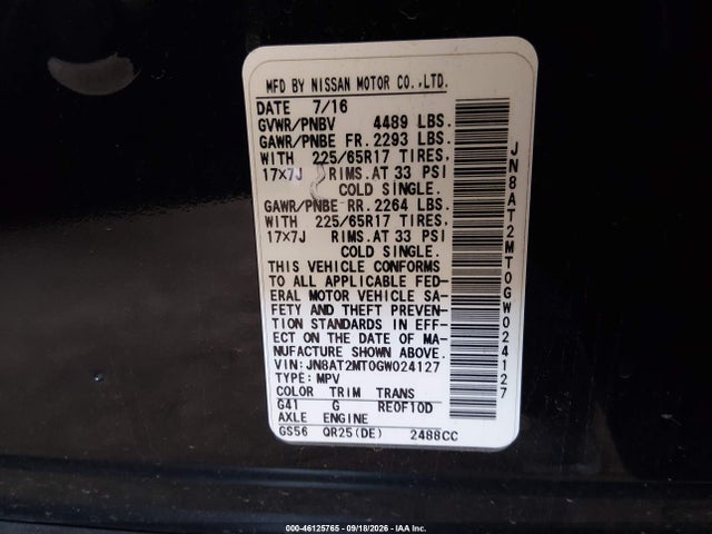 2016 Nissan Rogue S მანქანა იყიდება აუქციონზე, vin: JN8AT2MT0GW024127, აუქციონის ნომერი: 46125765