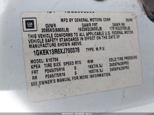 Aukcja sprzedaży 1999 Gmc Yukon Sle, vin: 1GKEK13R6XJ790378, numer aukcji: 46125767