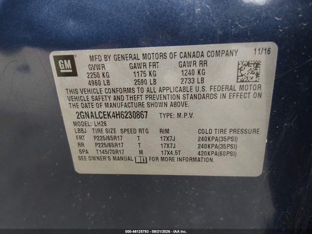 2017 Chevrolet Equinox Lt მანქანა იყიდება აუქციონზე, vin: 2GNALCEK4H6230867, აუქციონის ნომერი: 46125793