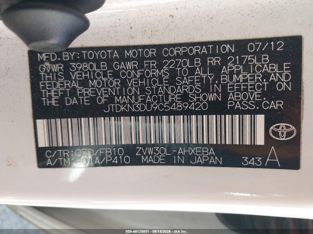 2012 Toyota Prius Two მანქანა იყიდება აუქციონზე, vin: JTDKN3DU9C5489420, აუქციონის ნომერი: 46125801