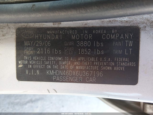 46125804 :رقم المزاد ، KMHDN46DX6U367196 vin ، 2006 Hyundai Elantra Gls/limited مزاد بيع