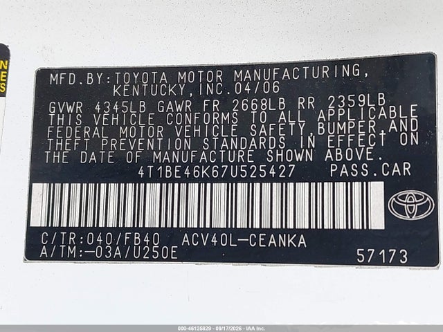 2007 Toyota Camry Le მანქანა იყიდება აუქციონზე, vin: 4T1BE46K67U525427, აუქციონის ნომერი: 46125829