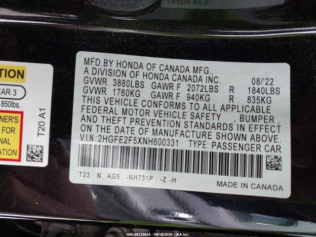 2022 Honda Civic Sport მანქანა იყიდება აუქციონზე, vin: 2HGFE2F5XNH600331, აუქციონის ნომერი: 46125843
