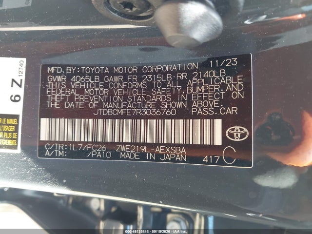 Продаж на аукціоні авто 2024 Toyota Corolla Hybrid Se, vin: JTDBCMFE7R3036760, номер лоту: 46125848