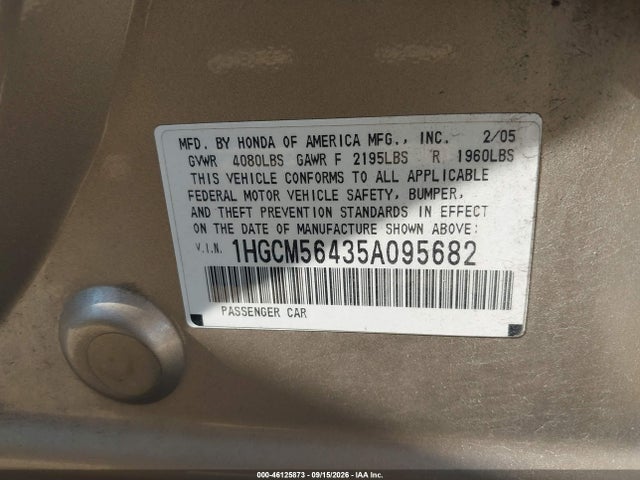 46125873 :رقم المزاد ، 1HGCM56435A095682 vin ، 2005 Honda Accord 2.4 Lx مزاد بيع