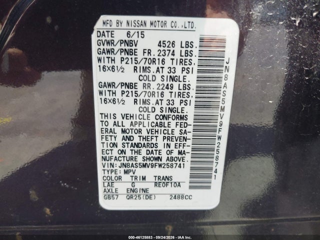 Продажа на аукционе авто 2015 Nissan Rogue Select S, vin: JN8AS5MV9FW258741, номер лота: 46125883