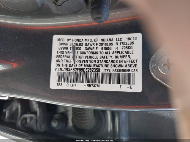 Aukcja sprzedaży 2013 Honda Civic Lx, vin: 19XFB2F59DE282350, numer aukcji: 46125887