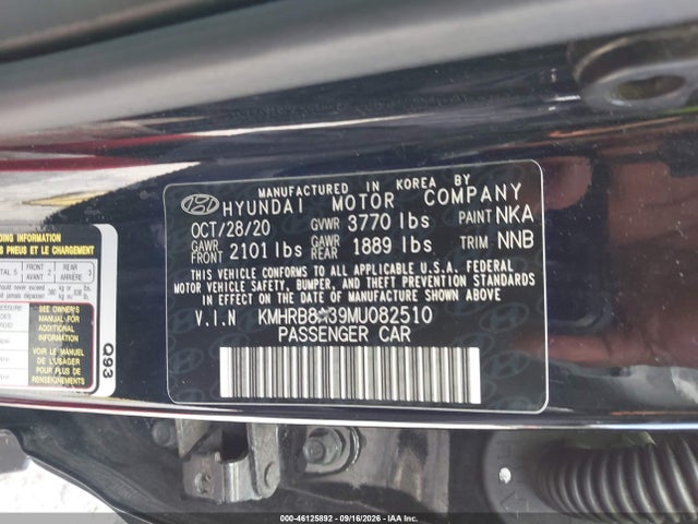 Aukcja sprzedaży 2021 Hyundai Venue Se, vin: KMHRB8A39MU082510, numer aukcji: 46125892