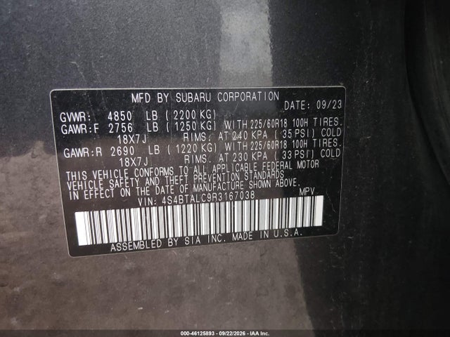 Aukcja sprzedaży 2024 Subaru Outback Onyx Edition, vin: 4S4BTALC9R3167038, numer aukcji: 46125893