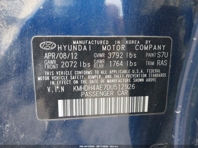 Продаж на аукціоні авто 2013 Hyundai Elantra Limited, vin: KMHDH4AE7DU512926, номер лоту: 46125896