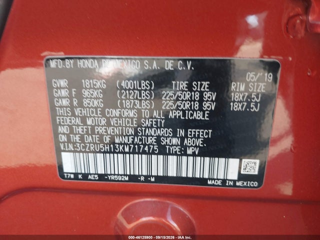 Продаж на аукціоні авто 2019 Honda Hr-v Sport, vin: 3CZRU5H13KM717475, номер лоту: 46125900