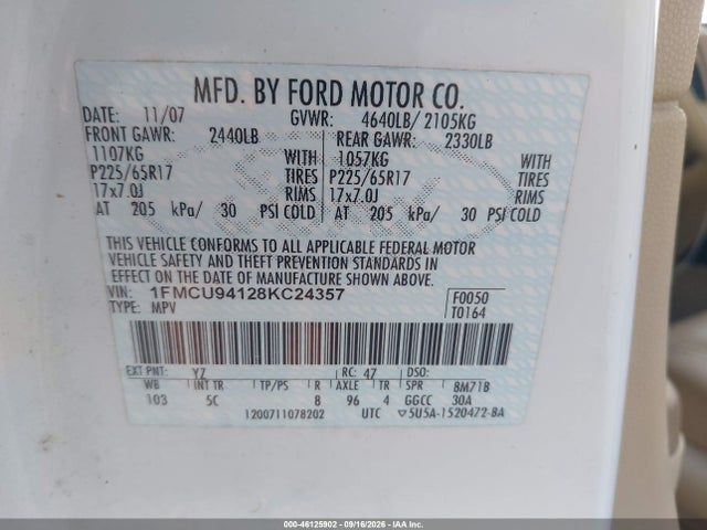 2008 Ford Escape Limited მანქანა იყიდება აუქციონზე, vin: 1FMCU94128KC24357, აუქციონის ნომერი: 46125902