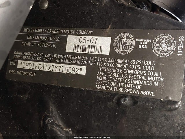 Продаж на аукціоні авто 2007 Harley-davidson Flhtcui, vin: 1HD1FC41X7Y715692, номер лоту: 46125907