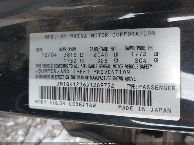 Aukcja sprzedaży 2005 Mazda Mazda3 S, vin: JM1BK123651269752, numer aukcji: 46125910