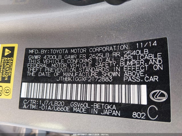 46125917 :رقم المزاد ، JTHBK1GGXF2172883 vin ، 2015 Lexus Es 350 مزاد بيع