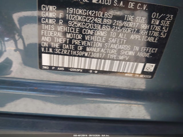 46125916 :رقم المزاد ، 3CZRZ1H30PM730817 vin ، 2023 Honda Hr-v 2wd Lx مزاد بيع