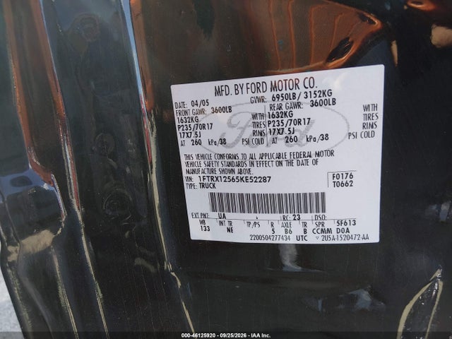 46125920 :رقم المزاد ، 1FTRX12565KE52287 vin ، 2005 Ford F-150 Lariat/xl/xlt مزاد بيع