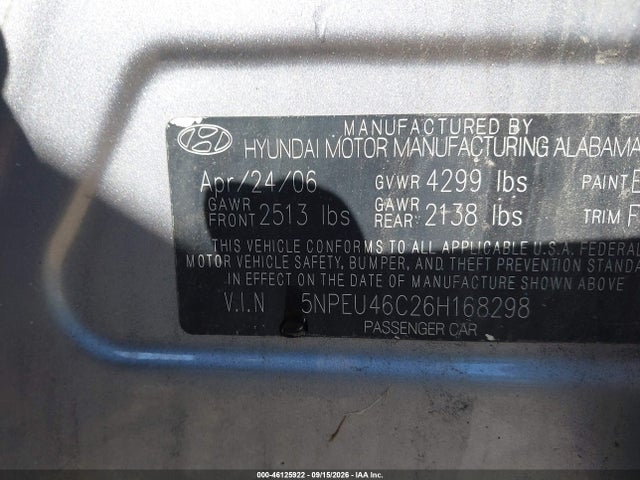 Продажа на аукционе авто 2006 Hyundai Sonata Gls, vin: 5NPEU46C26H168298, номер лота: 46125922