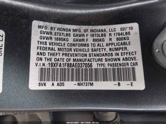 Продажа на аукционе авто 2010 Honda Civic Ex, vin: 19XFA1F88AE037056, номер лота: 46125927