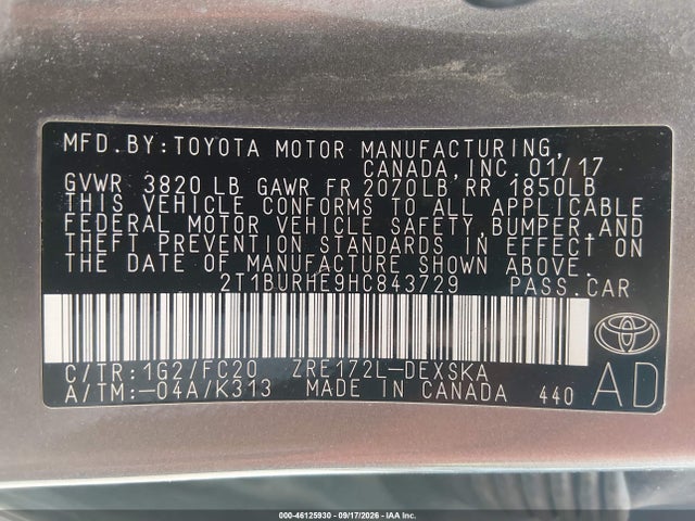 Aukcja sprzedaży 2017 Toyota Corolla Se, vin: 2T1BURHE9HC843729, numer aukcji: 46125930