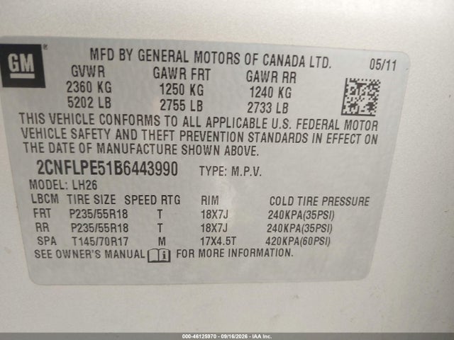 Продажа на аукционе авто 2011 Chevrolet Equinox 2lt, vin: 2CNFLPE51B6443990, номер лота: 46125970