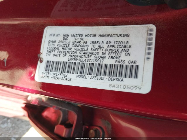 46125971 :رقم المزاد ، 1NXBR32E43Z116917 vin ، 2003 Toyota Corolla S مزاد بيع
