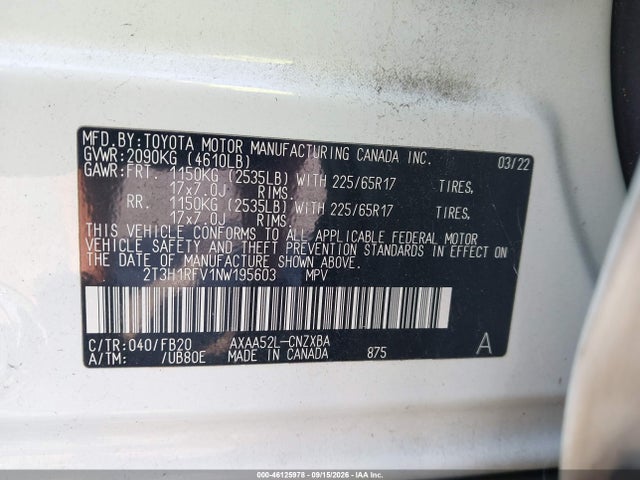 Продаж на аукціоні авто 2022 Toyota Rav4 Le, vin: 2T3H1RFV1NW195603, номер лоту: 46125978