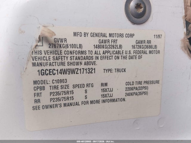 Aukcja sprzedaży 1998 Chevrolet C1500 Fleetside W/t, vin: 1GCEC14W9WZ171321, numer aukcji: 46125985