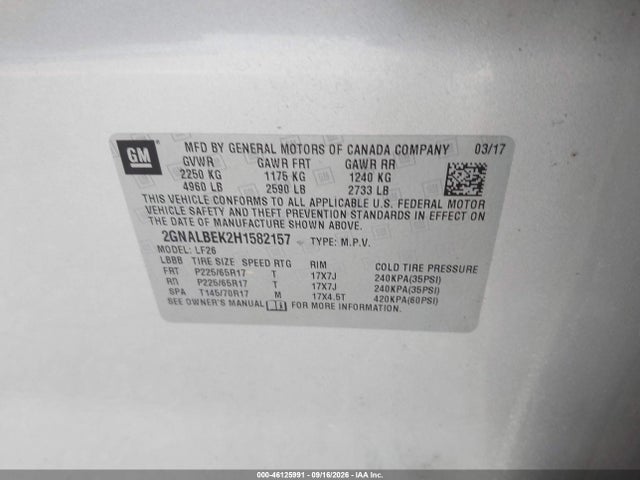 Продаж на аукціоні авто 2017 Chevrolet Equinox Ls, vin: 2GNALBEK2H1582157, номер лоту: 46125991