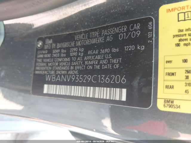 46126014 :رقم المزاد ، WBANV93529C136206 vin ، 2009 Bmw 535i Xdrive مزاد بيع