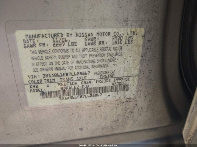 2007 Nissan Sentra 2.0s მანქანა იყიდება აუქციონზე, vin: 3N1AB61E87L628867, აუქციონის ნომერი: 46126021