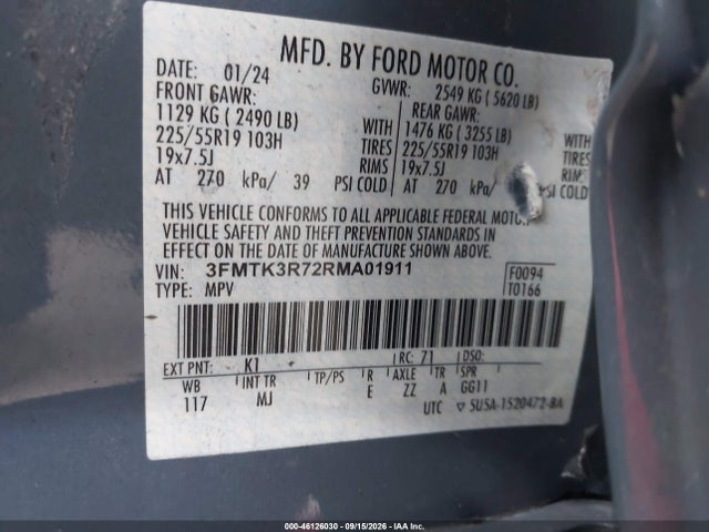 2024 Ford Mustang Mach-e Premium მანქანა იყიდება აუქციონზე, vin: 3FMTK3R72RMA01911, აუქციონის ნომერი: 46126030