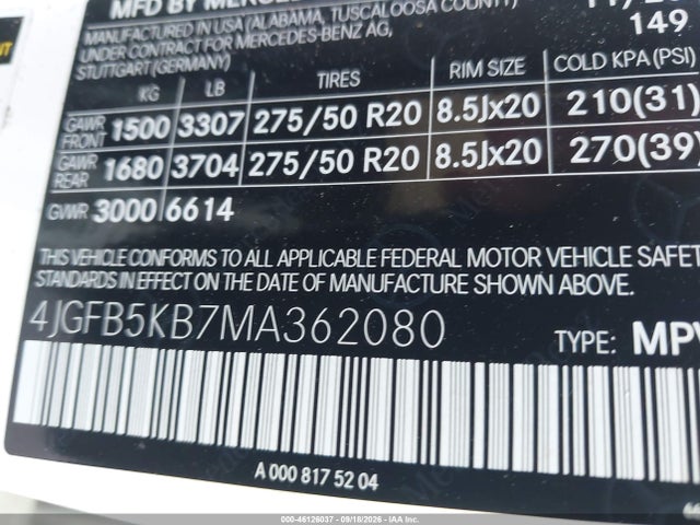 Aukcja sprzedaży 2021 Mercedes-benz Gle 450 4matic, vin: 4JGFB5KB7MA362080, numer aukcji: 46126037