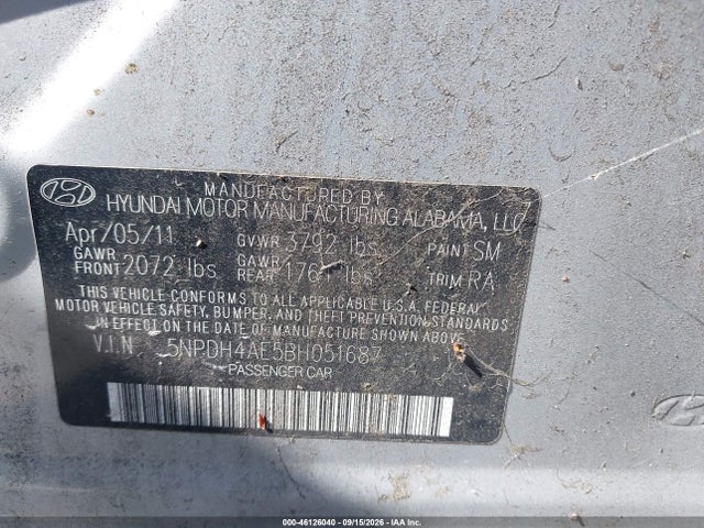 2011 Hyundai Elantra Limited მანქანა იყიდება აუქციონზე, vin: 5NPDH4AE5BH051687, აუქციონის ნომერი: 46126040