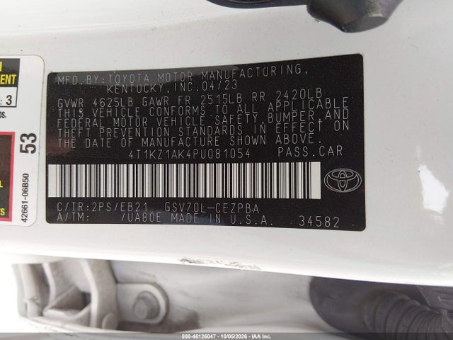 2023 Toyota Camry Trd მანქანა იყიდება აუქციონზე, vin: 4T1KZ1AK4PU081054, აუქციონის ნომერი: 46126047