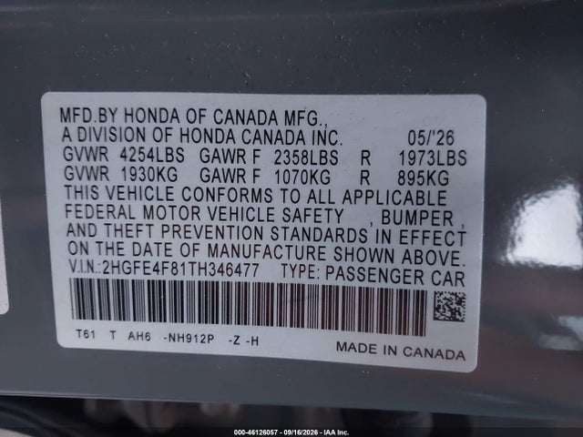 Aukcja sprzedaży 2026 Honda Civic Hybrid Sport/sport Touring, vin: 2HGFE4F81TH346477, numer aukcji: 46126057