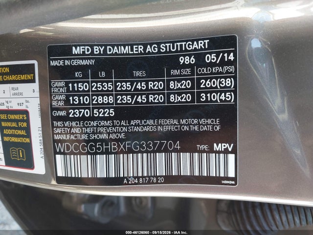 46126060 :رقم المزاد ، WDCGG5HBXFG337704 vin ، 2015 Mercedes-benz Glk 350 مزاد بيع