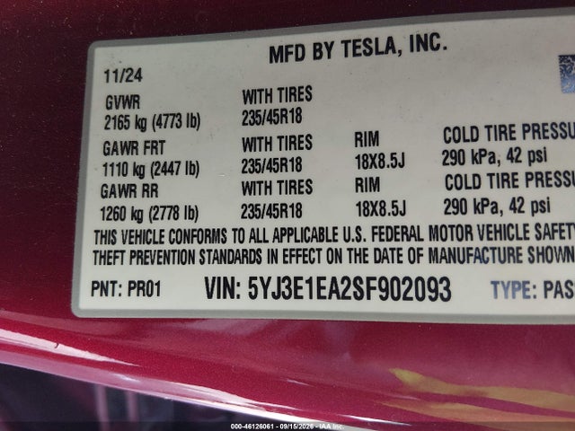 Продаж на аукціоні авто 2025 Tesla Model 3 Long Range Rear-wheel Drive/standard Rear-wheel Drive, vin: 5YJ3E1EA2SF902093, номер лоту: 46126061