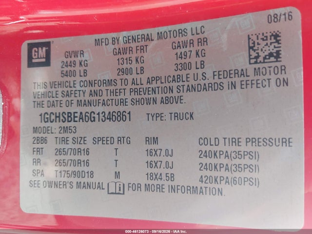 46126073 :رقم المزاد ، 1GCHSBEA6G1346861 vin ، 2016 Chevrolet Colorado Wt مزاد بيع