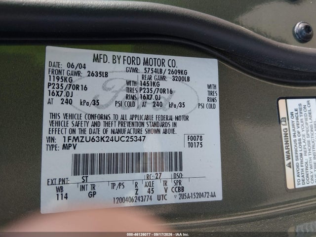 Aukcja sprzedaży 2004 Ford Explorer Xlt, vin: 1FMZU63K24UC25347, numer aukcji: 46126077